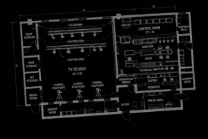 TV studio floor plan blueprint with control room, lighting grid, and camera positions
