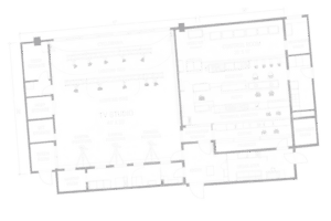 TV studio floor plan blueprint with control room, lighting grid, and camera positions