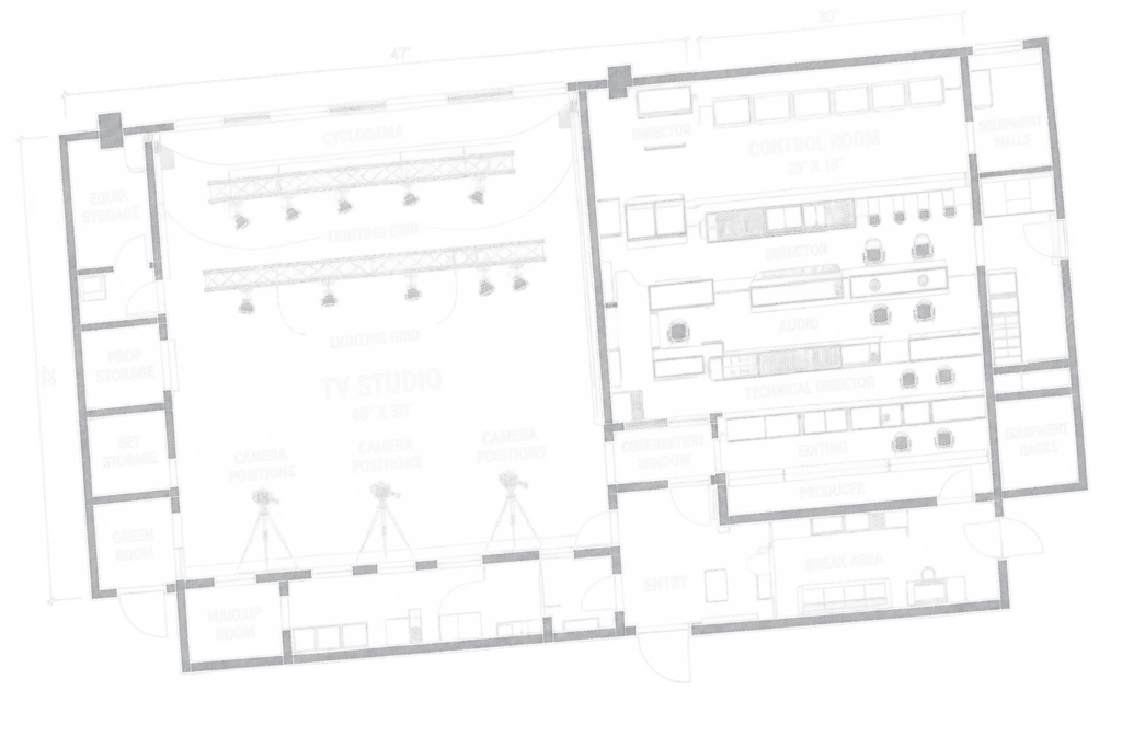 TV studio floor plan blueprint with control room, lighting grid, and camera positions