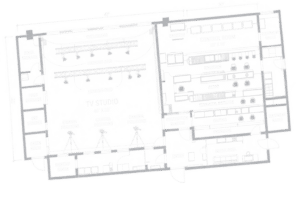 TV studio floor plan blueprint with control room, lighting grid, and camera positions
