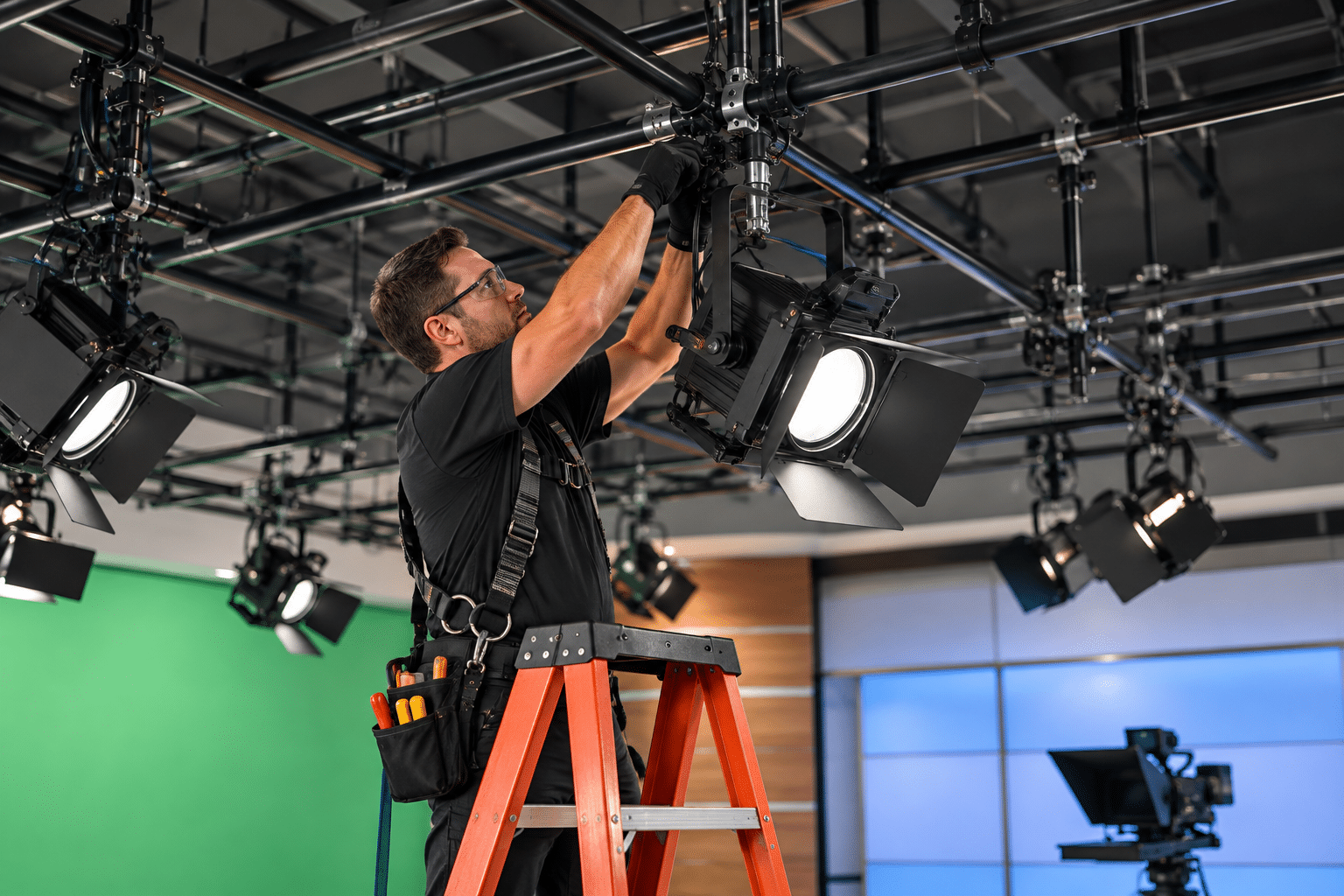 Technician installing a lighting grid in a new professional TV studio